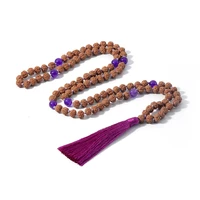 108 rudraksha beaded knotted necklace natural stone marker yoga meditation japa mala healthy jewelry tassel pendant