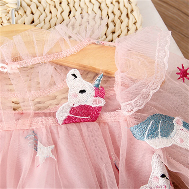 Весенне-летнее платье для девочек Новое Детское с единорогом Кружевное вышивкой