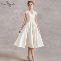 boho satin wedding dresses short tea length pockets lace bridal gowns with sleeves beach bride reception dress robe de mariee