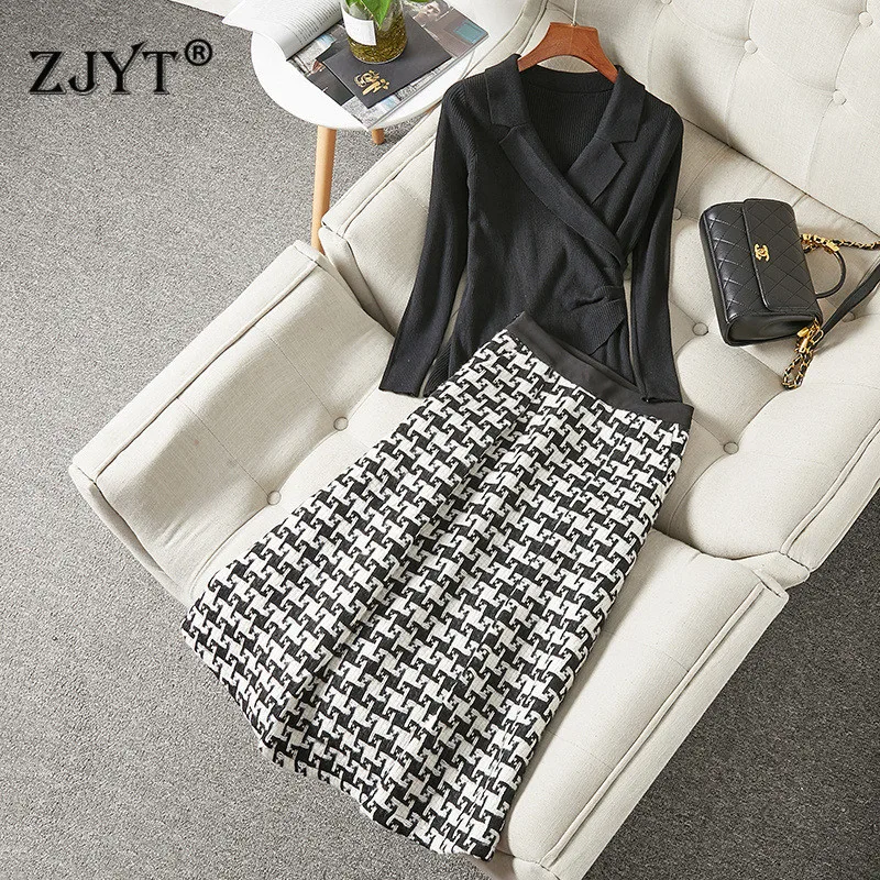 

Runway Fashion Women's Autunm Winter Knitted Dress Sets 2021 New Long Sleeve Sweater with Tweed Skirt Suit 2Pcs Casual Clothes