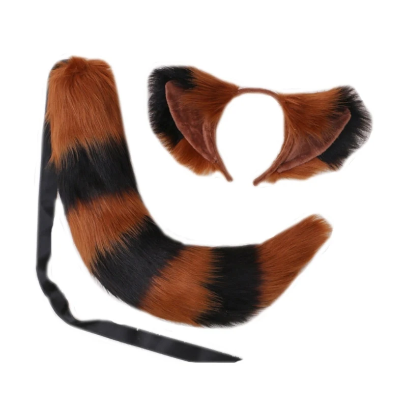2 Pcs Realistic Furry Cat Ears Headband Tail Set Contrast Color Fluffy Plush Striped Animal Cosplay Costume Accessories | Тематическая