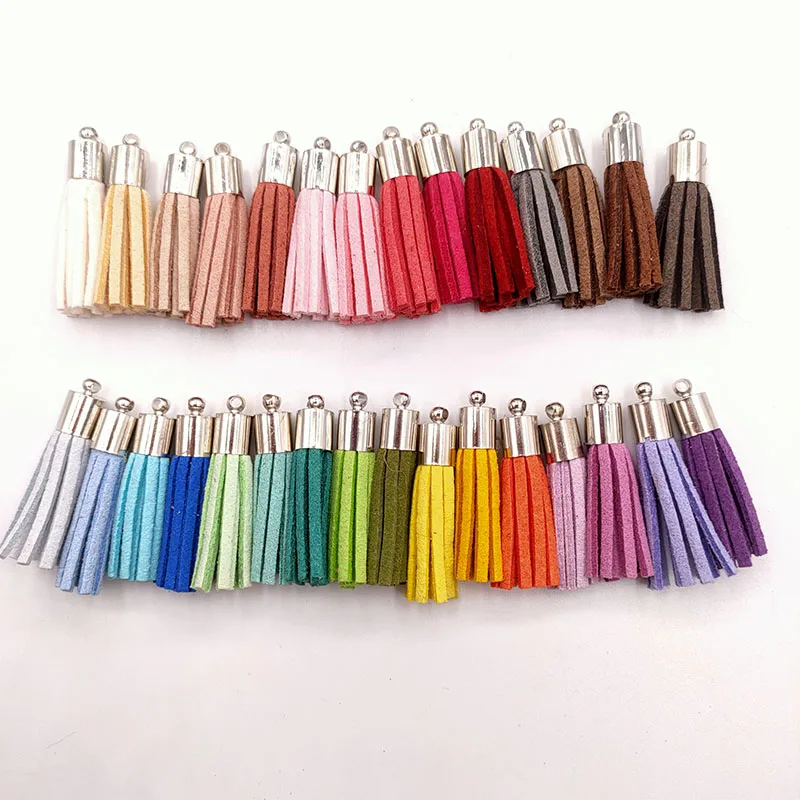 

30Pcs/Lot 35mm Silver Top Leather Tassel For Keychain Cellphone Straps Fringe Suede Tassel DIY Pendant Summer Jewelry Findings