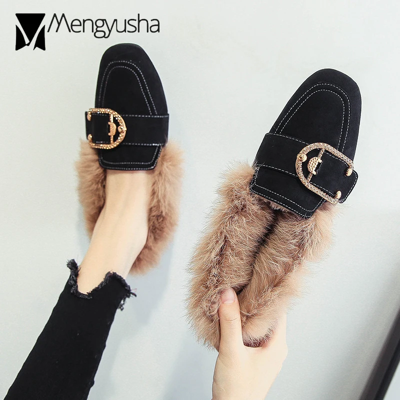 Женские меховые Мокасины теплые туфли на плоской подошве без застежки с пряжкой
