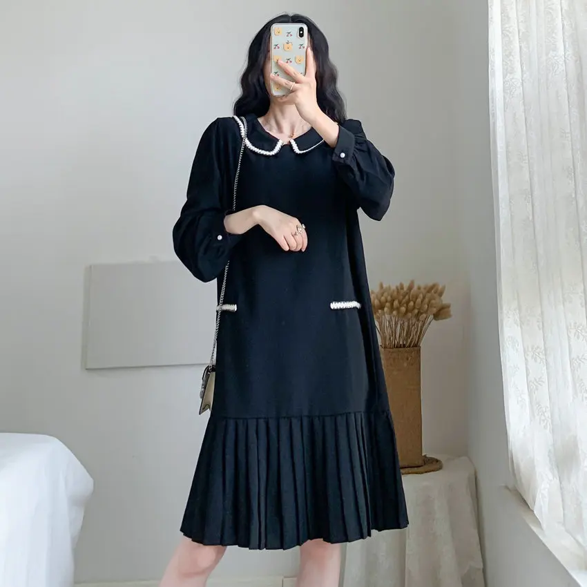 

Preppy Style Women Black Straight Dresses Long Sleeve Pater Pan Collar Knee Length Pleated Hem One Piece Dress Loose Fit Clothes