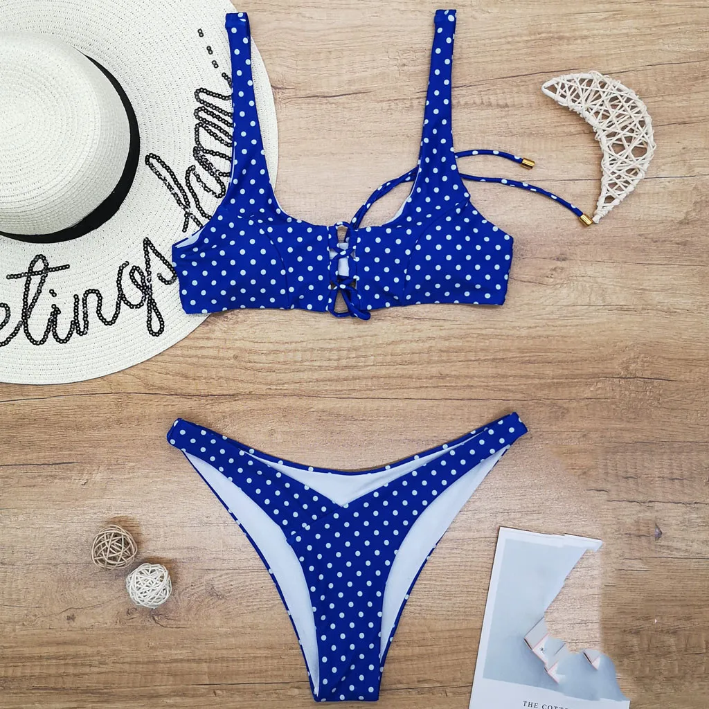 Комплект бикини в горошек купальник пуш-ап женские с заниженной талией 2020 Mujer Tie