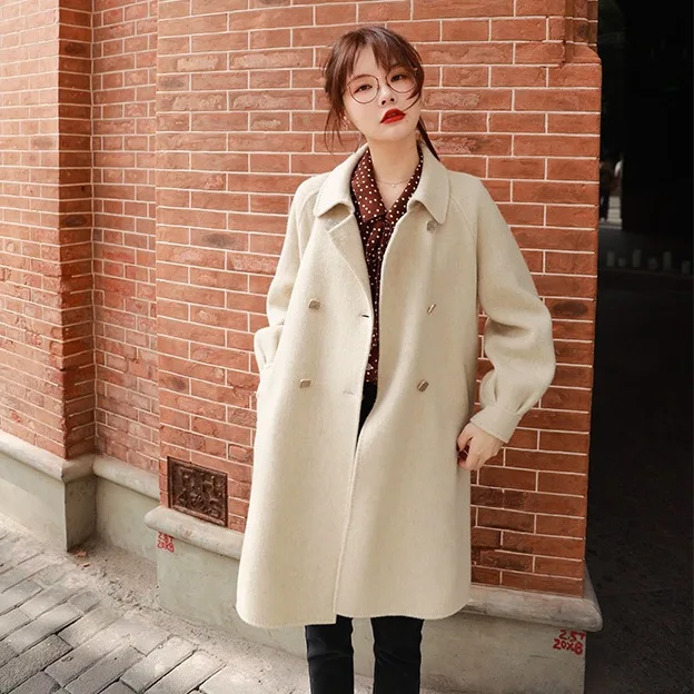 

Gentle Simple Elegant Autumn and Winter Korean Style Loose Lace-up Mid-Length Double-Sided Woolen Coat Outerwear Women