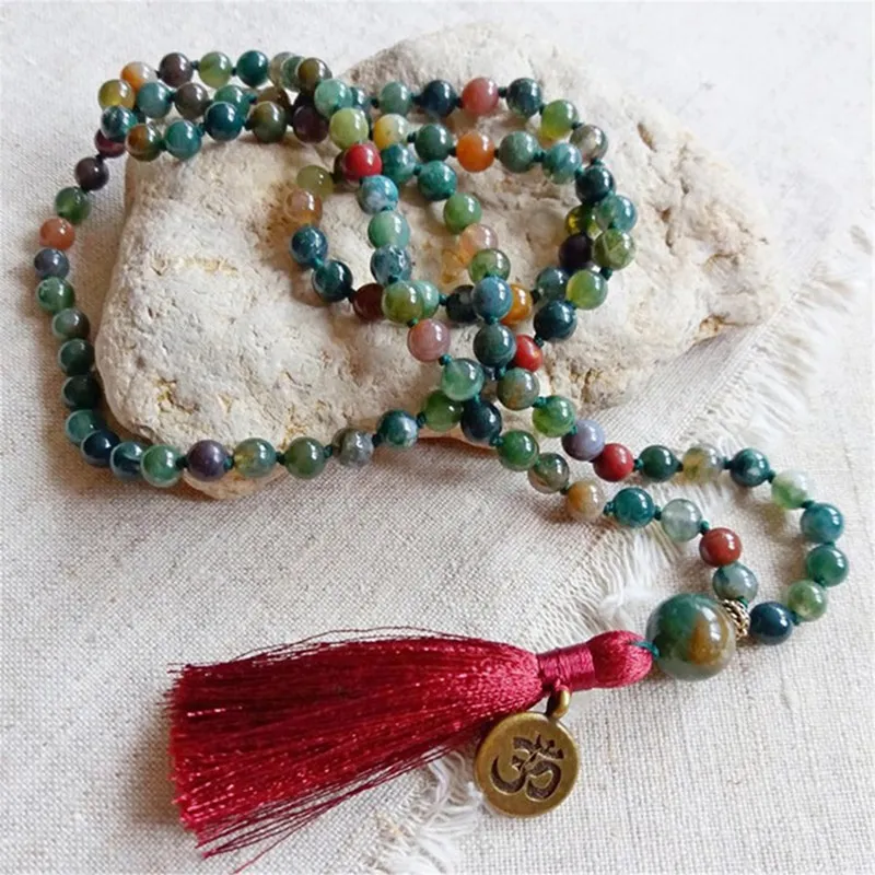 

6mm Moss Agate Gemstone 108 Beads knot Tassel Mala Necklace Spirituality Japa Classic Religious Chakra Spiritua Wristband Retro