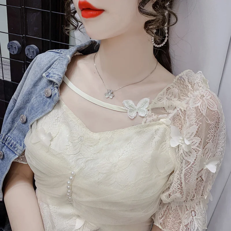 

Summer T-shirts Mujer Harajuku Embroidery Tees Top Polyester Women Clothes Sweet Cropped Tops Short Sleeves Blouse Femme