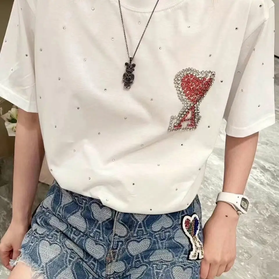 

[pure cotton] 2021 summer new net red same fashion brand hot diamond letter love short sleeve T-shirt loose women's clothing