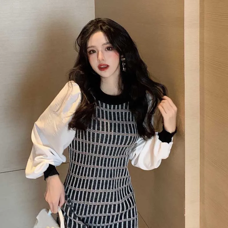 

2021 One-piece Splicing woman dress Korean fashion vintage lattice dresses Spring Autumn Women's long sleeves dress midi dress
