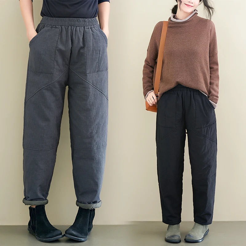 

Новинка зимы 6339, теплые женские толстые хлопковые брюки, повседневные Удобные Свободные Джоггеры со средней талией и карманами для женщин