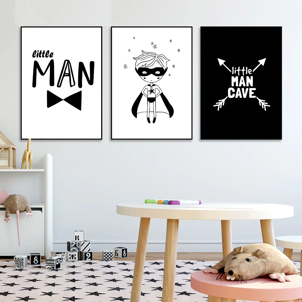 Мультфильм маленький человек скандинавский плакат черно-белая печать картина