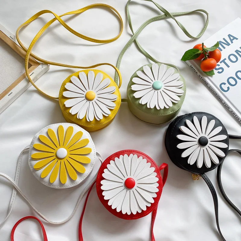 PU Leather Girls Mini Shoulder Bags Baby Kids Coin Purse Handbags Small Wallet Fashion Daisy Flower Children's Crossbody Bags