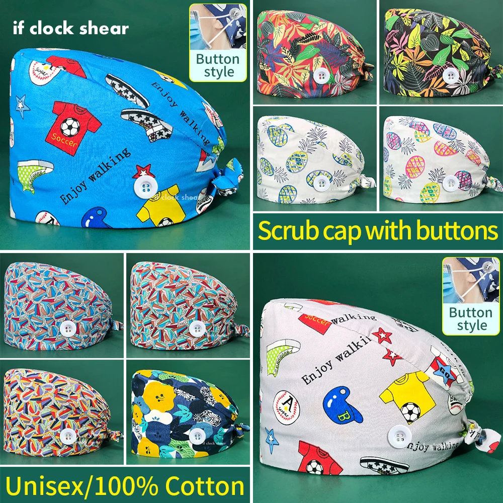 

Multicolor Cartoon print hats cotton laboratory pet shop Scrub Women Caps Unisex Adjustable Scrub hat beauty salon working caps