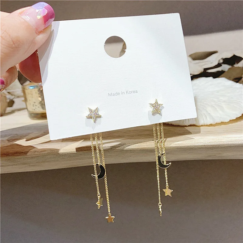 

2021 Long Tassel Star Moon Drop Earrings Silver Color 2020 Fashion Hanging Women Crystal Earrings Summer Jewelry Girls GIfts