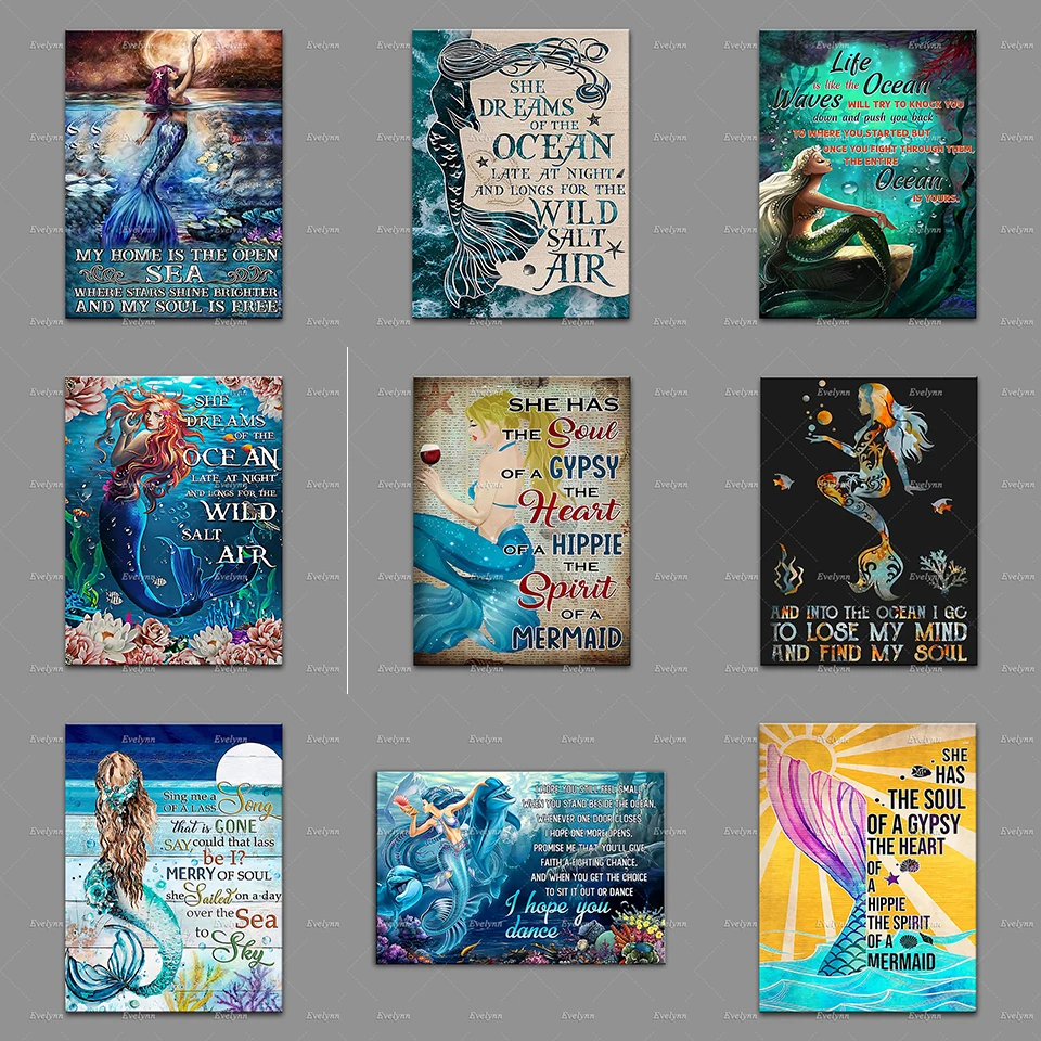 

Mermaid Poster,My Home Is The Open Sea Where Starts Shine Brighter And My Soul Is, Wall Art Prints Home Unique Gift Decor Canvas