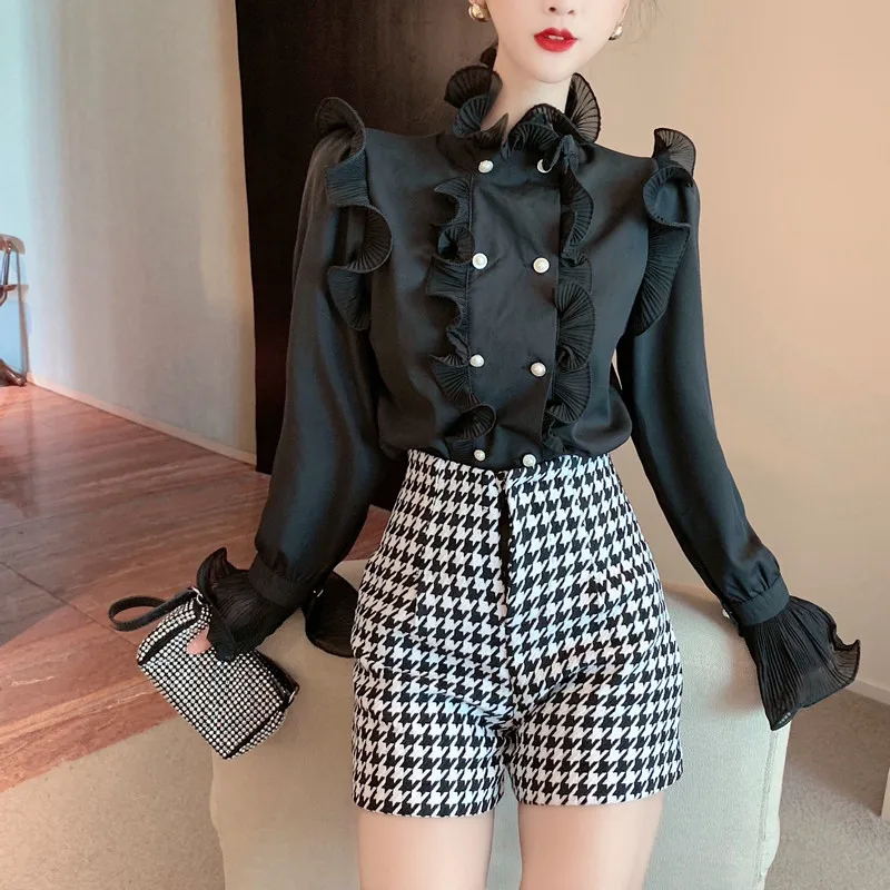 

Women Fashion Double Breasted Ruffle Flared Sleeve Retro Shirt Top+High Waist Design Houndstooth Shorts Female 2-Piece Set