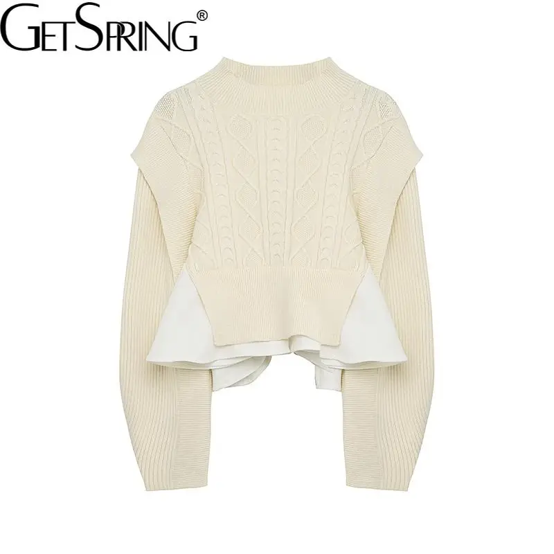 

Getspring Women Sweater Patchwork Asymmetry Pullover Sweaters Irregular Color Matching Fake Two knitting Tops 2021 New Fashion