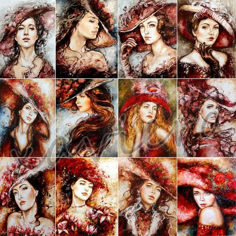 

Xaviera Full Drill Embroidery Diy 5D Diamond Painting Elegant Woman Mosaic Cross Stitch Girl Red Round Rhinestone Embroidery Kit