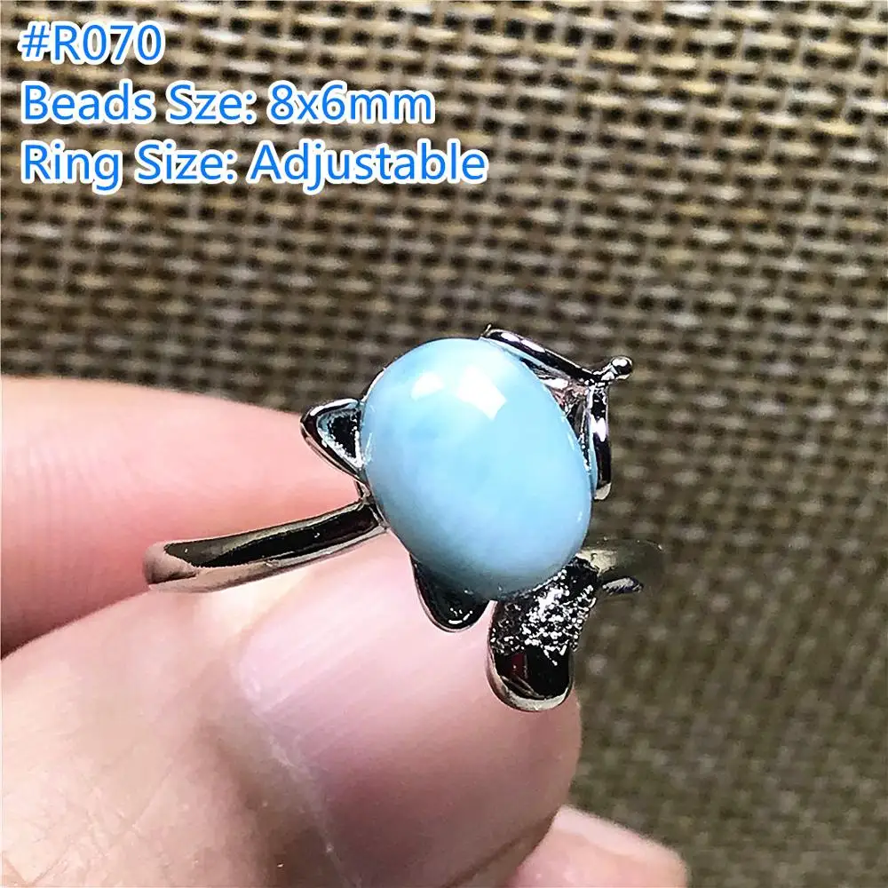 Natural Blue Larimar Ring Jewelry For Woman Lady Man Silver 8x6mm Oval Beads Dominica Water Pattern Stone Adjustable AAAAA | Украшения и