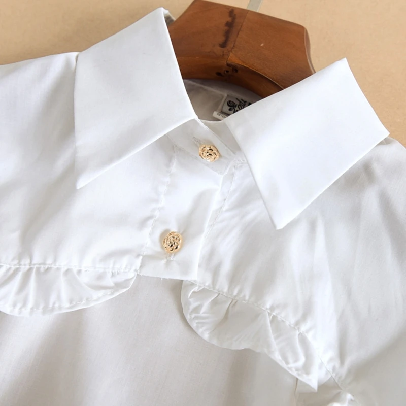 

Women Puff Long Sleeve Half Top Blouse Ruffled Golden Button Detachable False Fake Collar Sweater Decorative Accessories