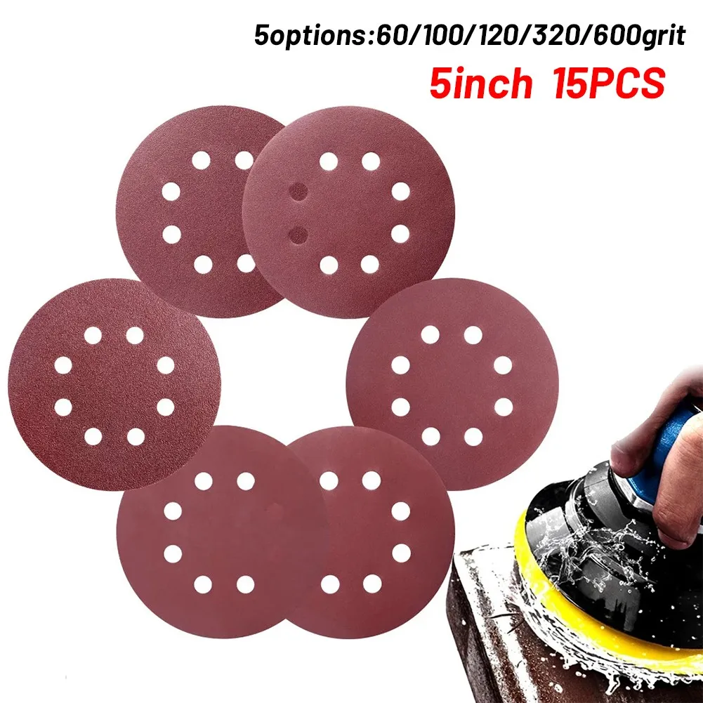 

15pcs 5 Inch 8 Hole Hook And Loop Round Sandpaper Discs Sanding Sheets Sander