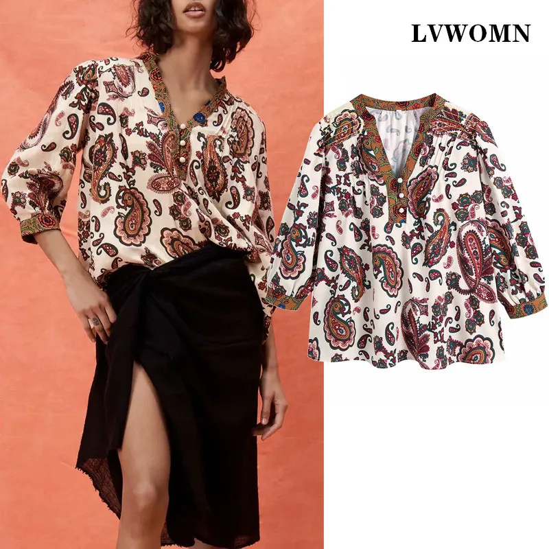 

LVWOMN Za Women Blouses 2021 Summer Print Loose Long Sleeve Plus Size Women Clothing Vintage Female Shirts Blusas Chic Tops