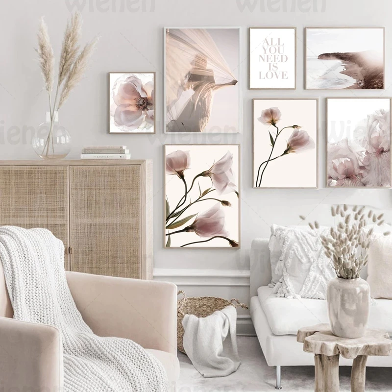 

Scandinavian Nature Poster and Print Magnolia Flower Botanical Beach Girl Canvas Painting Wall Art Picture Nordic Home Decoratio