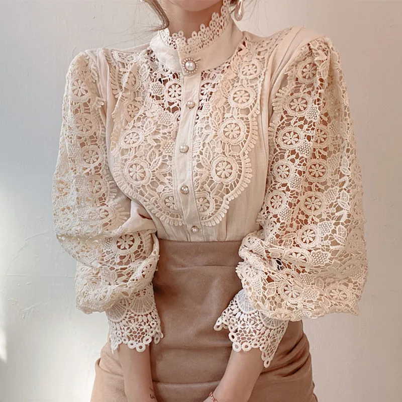 

New Fashion Women's Patchwork Shirt Temperament Solid Color Lace Stand Collar Hollow Out Lace Shirt Pearl Button Top Women