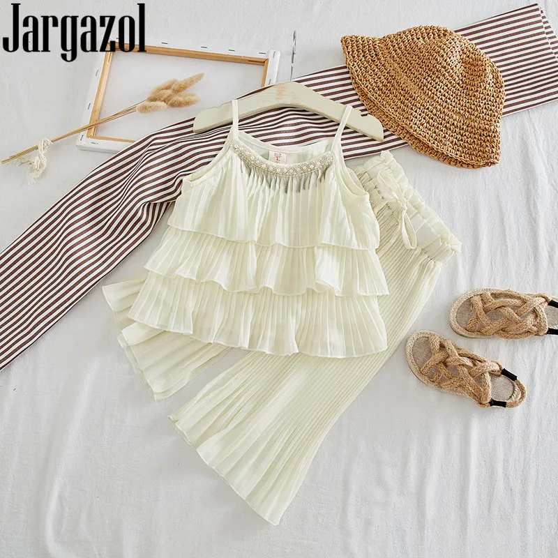 

Summer Fashion Little Girls Clothing Set Chiffon Pearl Pearl Stack-up Sun-top&Wide Leg Pants Korean Cute Kids Clothes Outfits