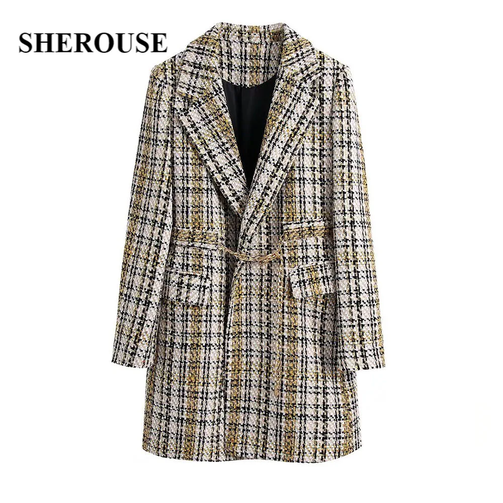 

Sherouse Women Fashion Textured Coat with Golden belt Long Sleeves Lapel Collar Woman Winter Warm Jacket Chic Outfit