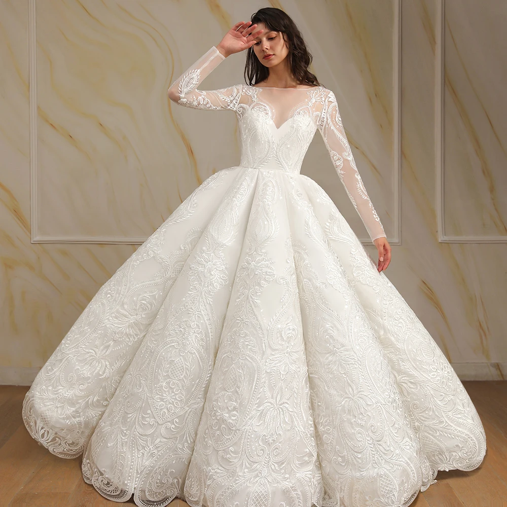 Elegant Long Sleeve Wave Ball Gown Wedding Dress 2021 Luxury Boat Neck Lace Sequins Wedding Bridal Gowns Robe de Mariee