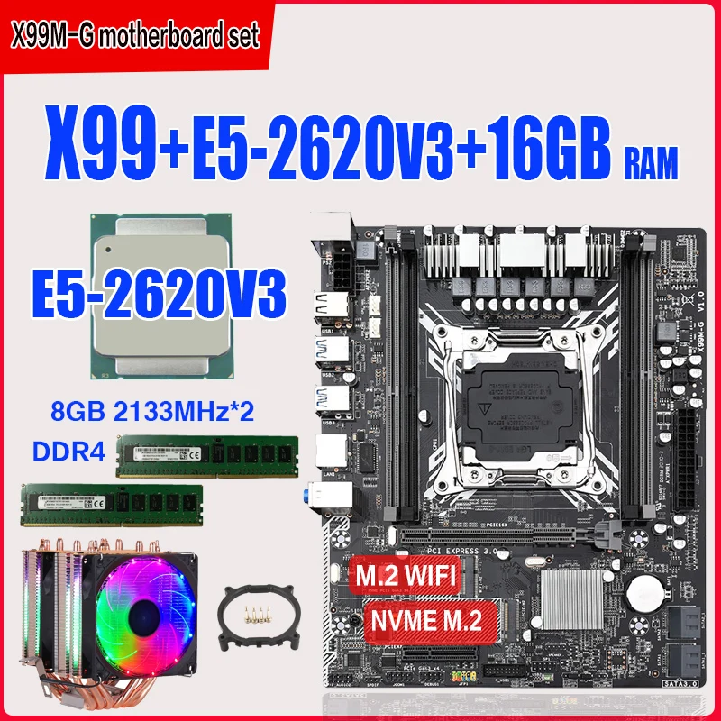 

X99 Motherboard set with Xeon E5 2620 V3 LGA2011-3 CPU 2pcs X 8GB =16GB 2133MHz DDR4 memory NVME M.2 slot Six copper tube cooler