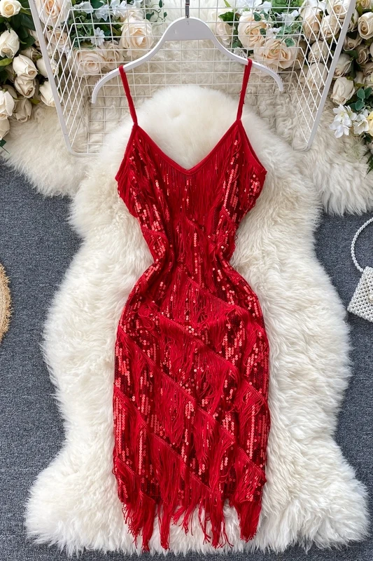 

Ladies' Dress 2021 New Sexy V-neck Open Back Slim Fringe Sequin Dress Skirt for Women in Summer
