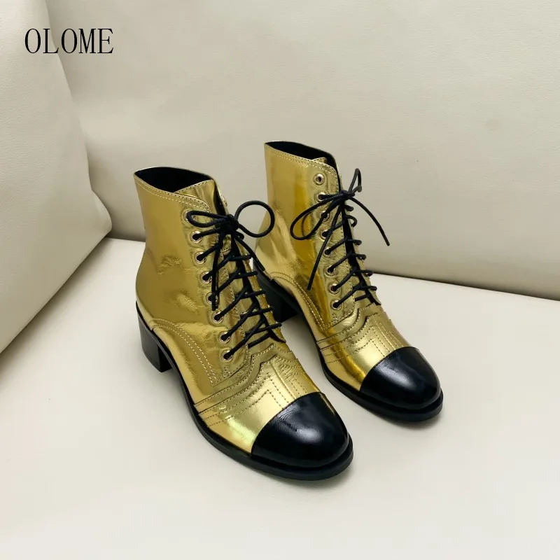 OLOME; Новинка; Модные женские ботильоны; Цвет черный, золотой; женские ботинки с круглым носком, на шнуровке, на среднем массивном каблуке; сезон осень-зима; женская обувь - Цвет: as pic