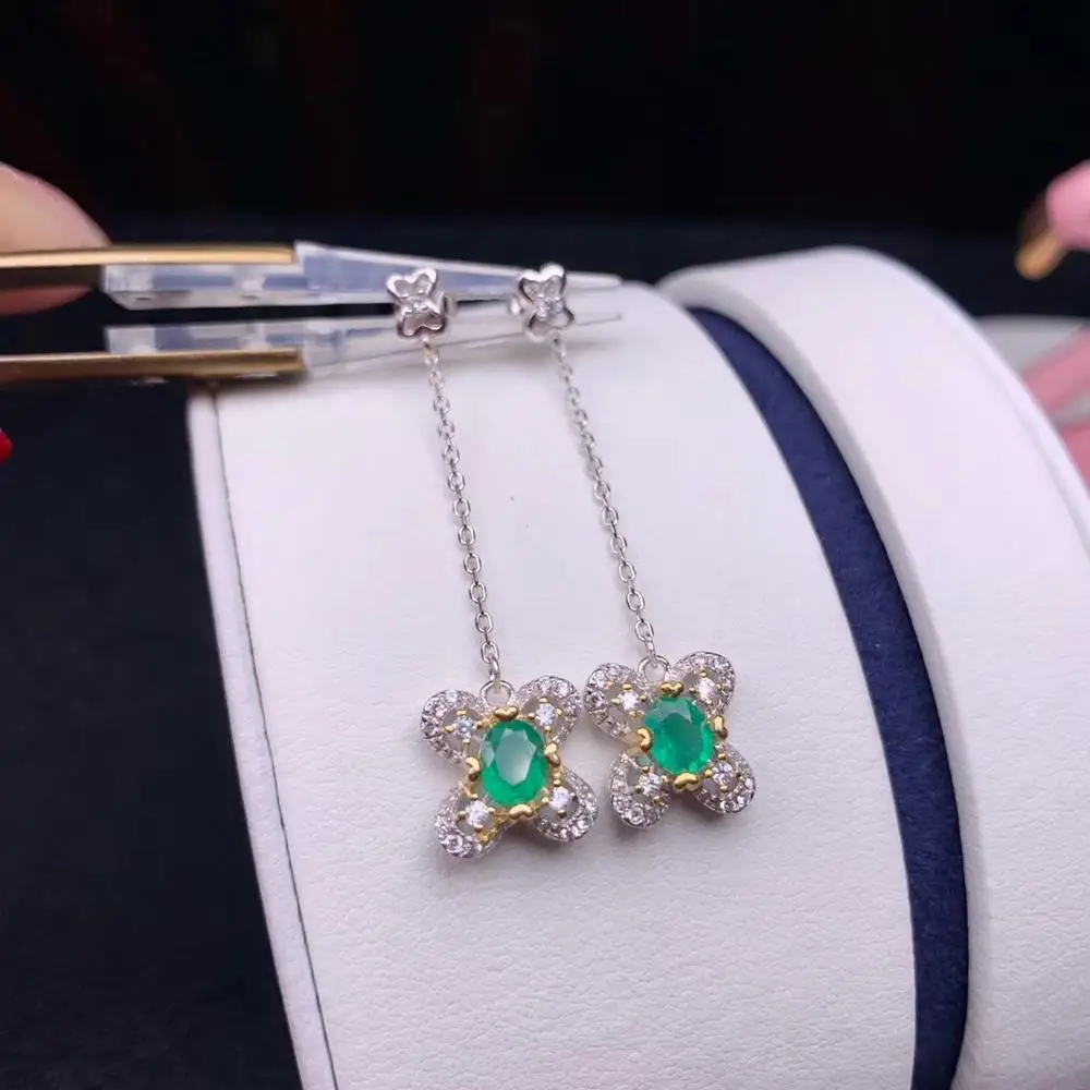 100% модные милые линии клевера натуральный зеленый изумруд Висячие серьги с