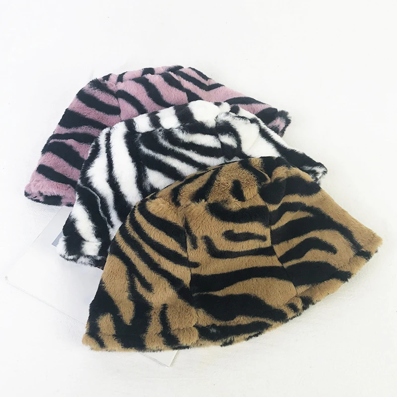 Winter Zebra Print Fur Plush Bucket Hats Women Outdoor Warm Soft Velvet Fisherman Hat Lady Girl INS Vintage Panama New Fashion