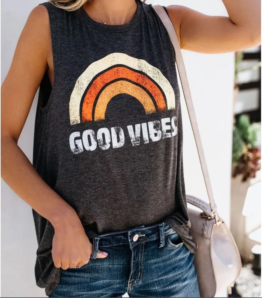 

Summer Clothes for Women Vest T-shirt Letter Print Round Neck Sleeveless T-shirts Loose Soft Shirts Y2k Top Womens Clothing