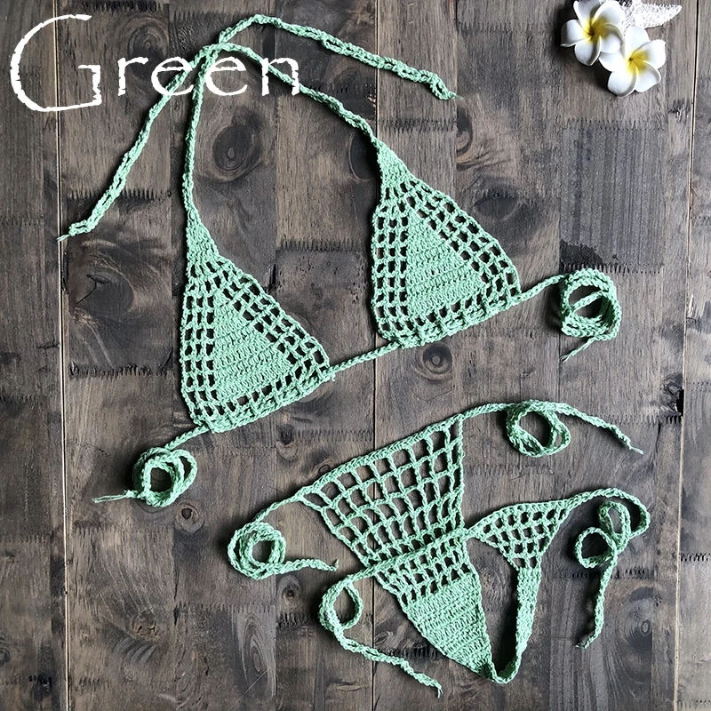 Green Ручная работа, вязанное крючком микро бикини, стринги, пляжные микро купальники, сексуальное нижнее белье, наборы, горячая Распродажа - Цвет: Green