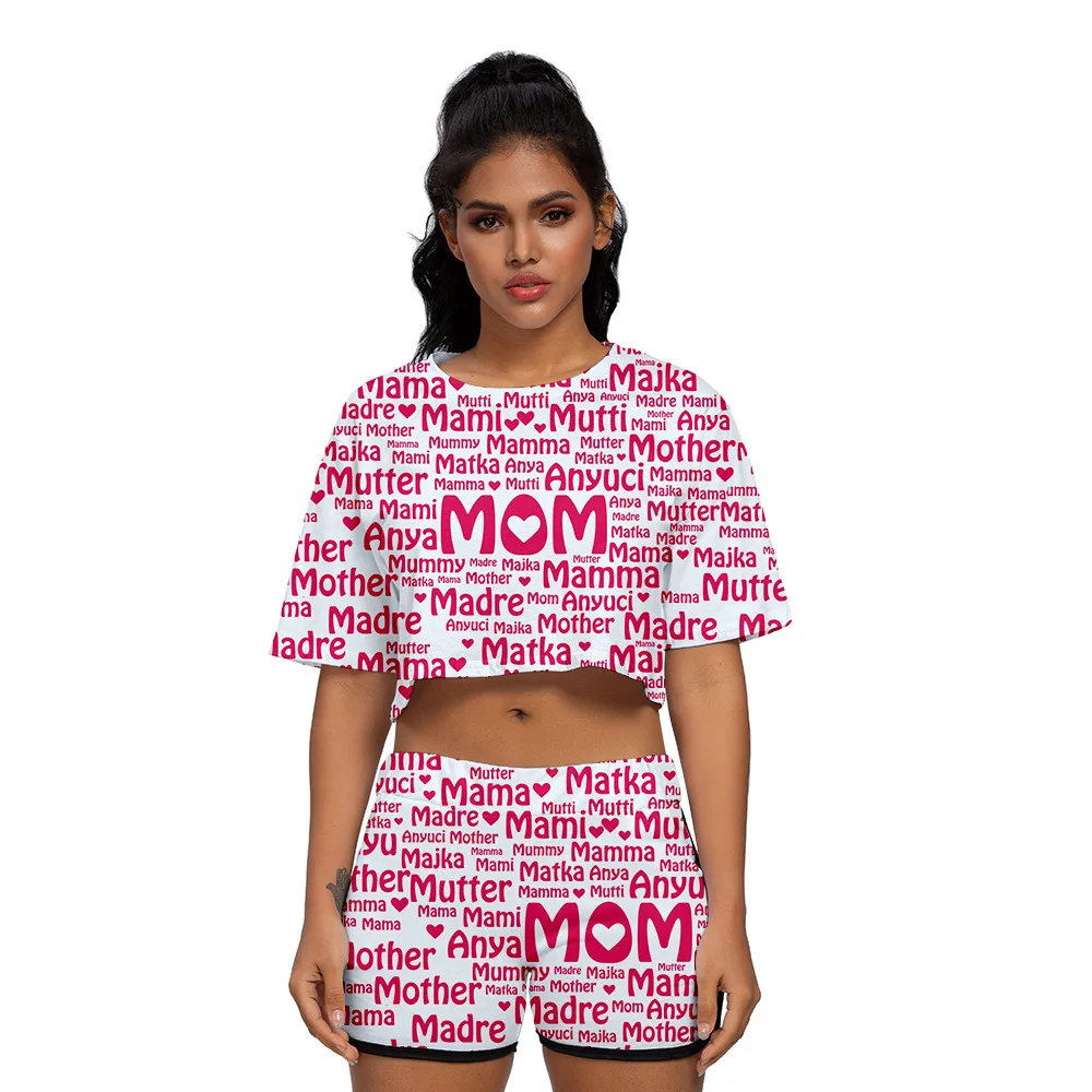 

2021 Eucosm Mother's Day Multilingual 3D Printed Women's Navel Bare Set Two Piece Set Mother's Day Set Adult and Children's Wear