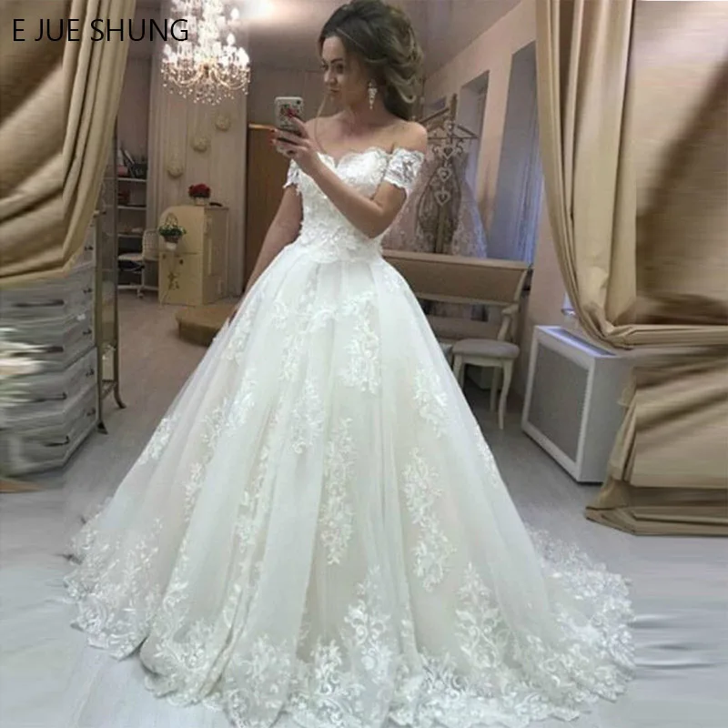 

E JUE SHUNG White Vintage Lace Appliques Wedding Dresses Ball Gown Off the Shoulder Wedding Gowns Bridal Dress robe de soiree