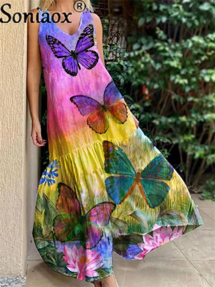Купи Fashion Boho Dress 2021 Ladies Casual Loose Sleeveless Long Dresses Summer Woman Butterfly Print Beach Maxi Dress за 590 рублей в магазине AliExpress