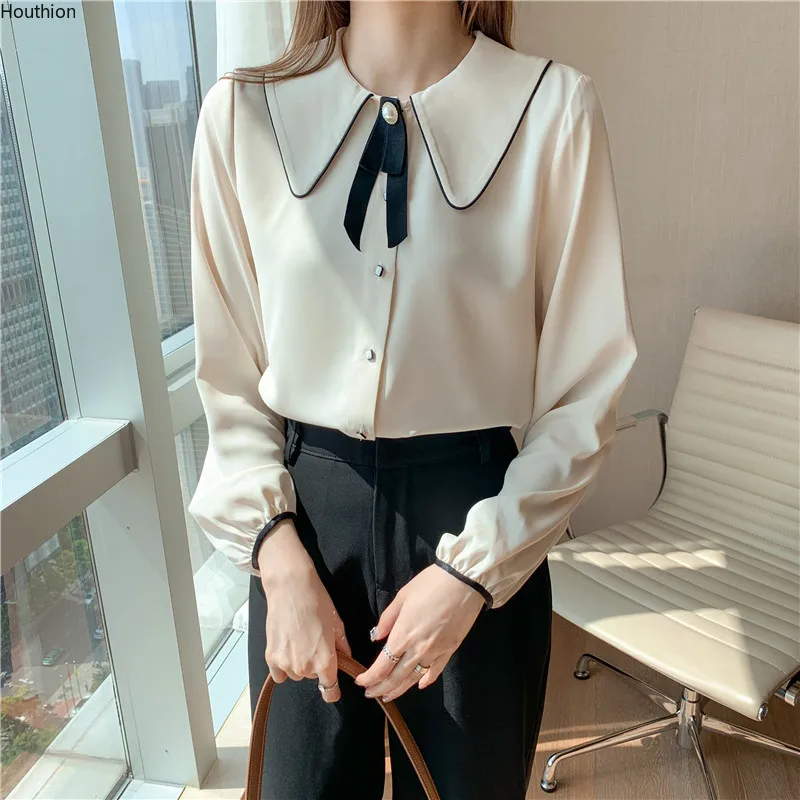

Autumn New Women's Blouses Doll Collar Shirt Long Sleeve Tops Solid Color Blouse Girl Chiffon Casual Fashion Lady Loose