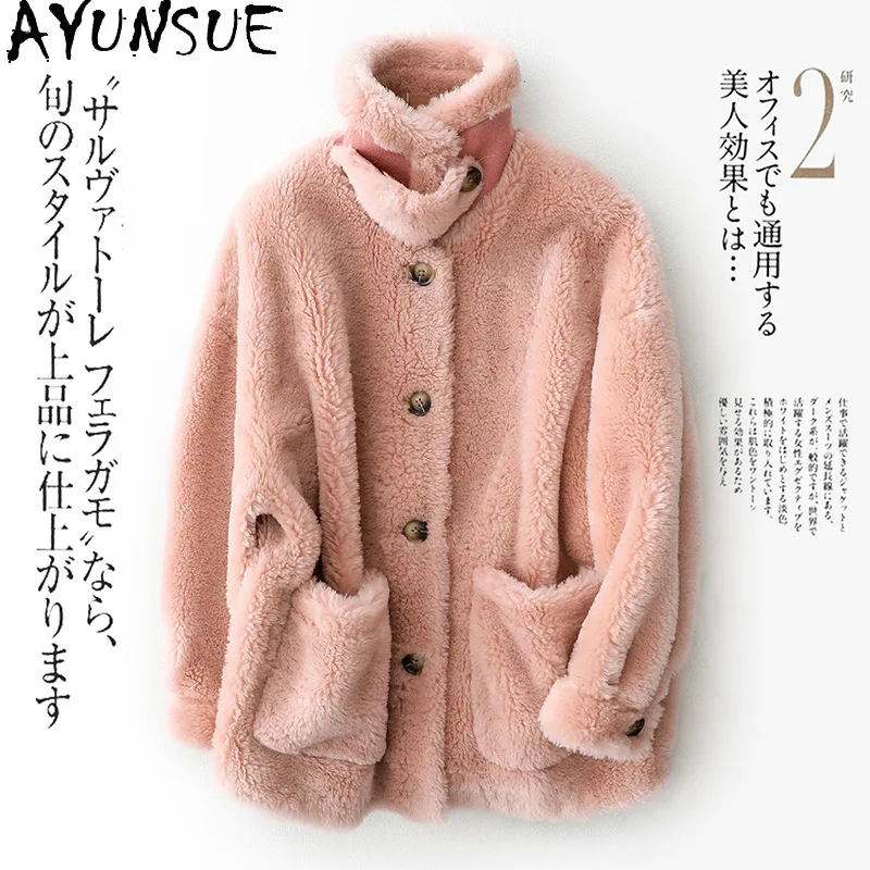 AYUNSUE Women's Fur Coat Winter 2021 Sheep Shearling Coats Female Short Wool Jackets Women Korean Style Casaco Feminino Gxy219
