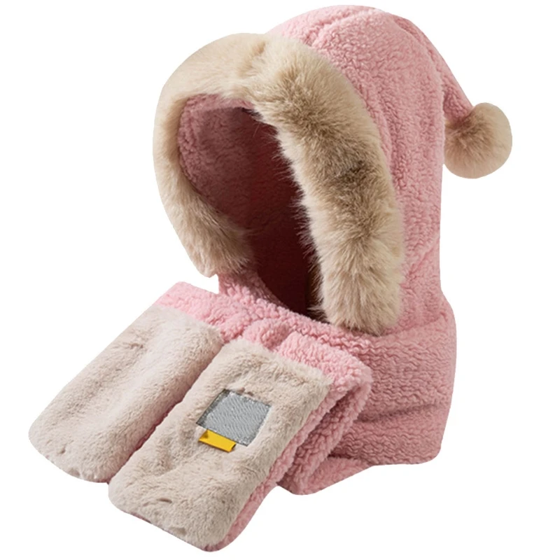 

Hooded Scarf Winter Hat Scarf Gloves Set Fleece Warm Pom Poms Hat Winter