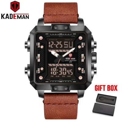 brown band KADEMAN часы мужские спортивные цифровые часы лучший бренд Модные кожаные креативные Кварцевые водонепроницаемые мужские наручные часы Relogio Masculino - Цвет: brown band