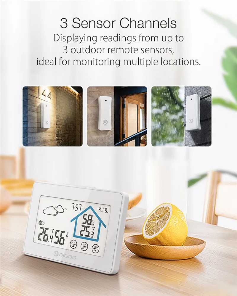 Digoo DG-TH8380 беспроводной термометр гигрометр сенсорный экран Метеостанция термометр Открытый датчик погоды Часы
