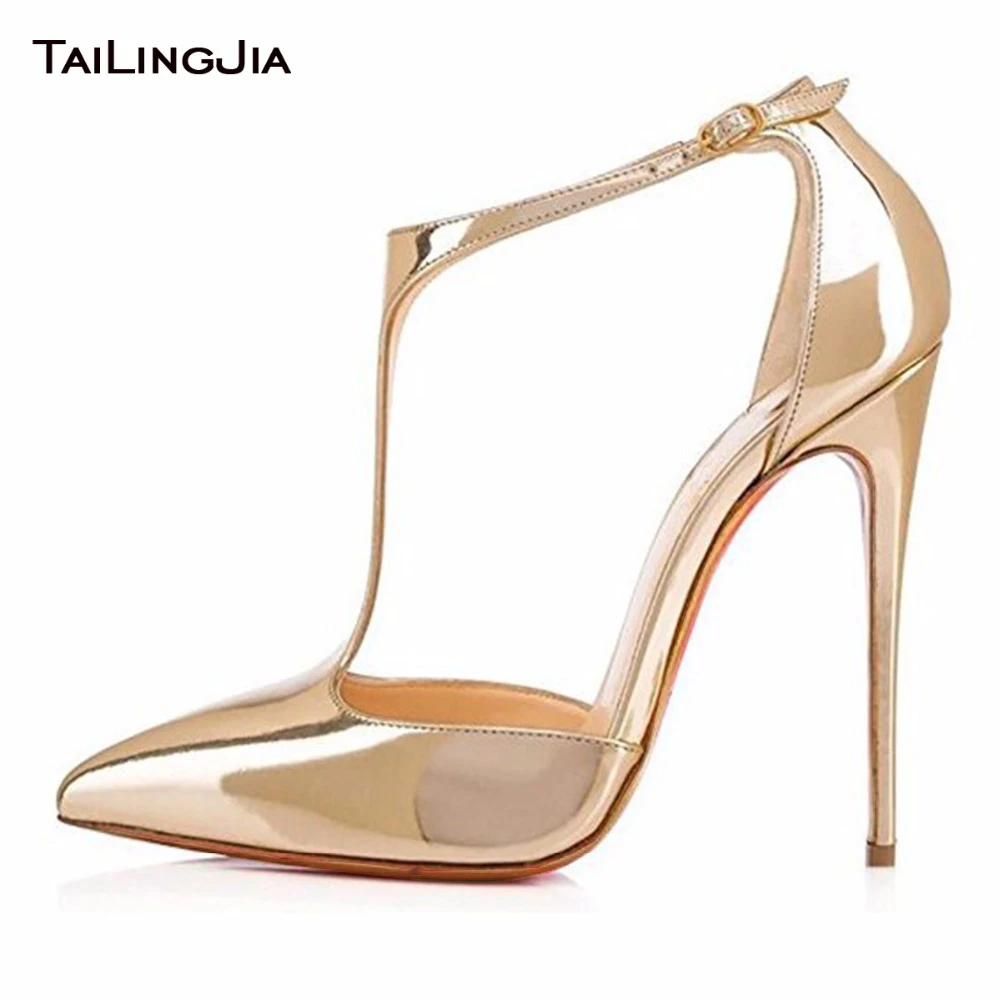 Женские туфли лодочки из лакированной кожи золотистого цвета на высоком каблуке