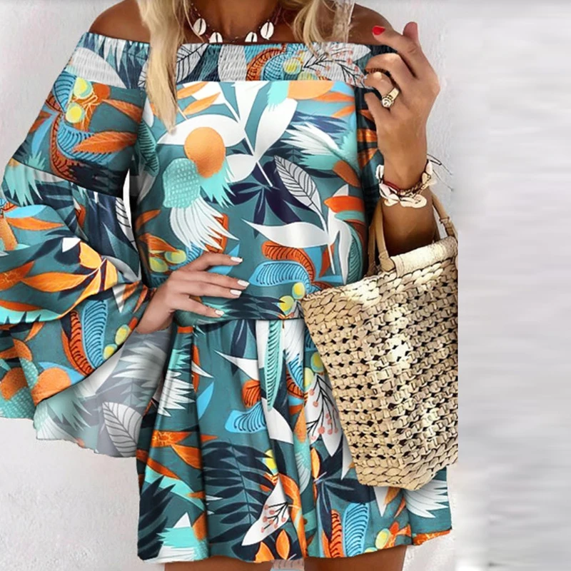 

Spring Butterfly Print Loose Party Dress Women 2021 Autumn Flare Long Sleeve A-Line Mini Dress Retro Slash Neck Boho Lady Dress