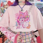 Топ в японском стиле Ulzzang, милый розовый Повседневный шикарный топ с мультяшным рисунком для девушек, винтажная уличная одежда в стиле Харадзюку, Свободный Женская летняя футболка